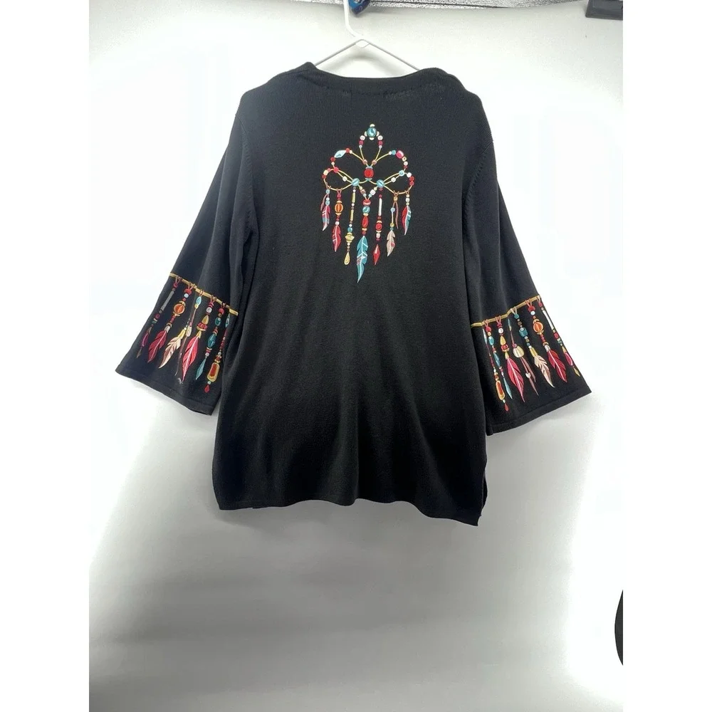 Bob Mackie Cardigan Sweater L Art Embroidered Feathers Artsy Aztec Southwest VTG - Picture 10 of 15